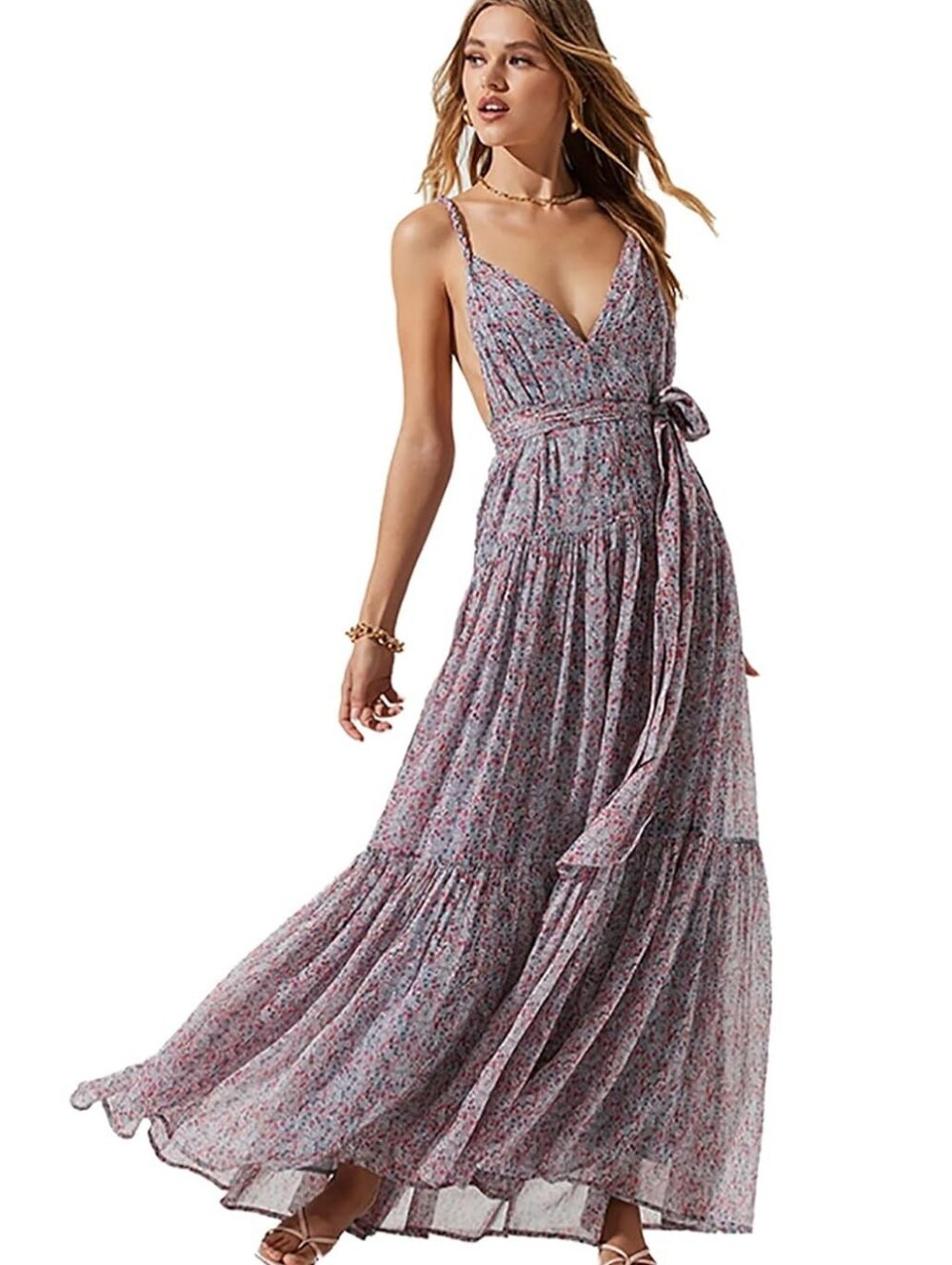 ASTR The Label Eartha Blue Pink Ditsy Floral Tiered Maxi Dress Large